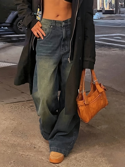 Damen Baggy Jeans Weites Bein Leicht Gewaschen