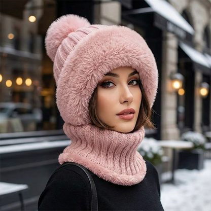 Lunara Damen 2-in-1 Wintermütze Kunstfell Schal Schwarz - Norvielle