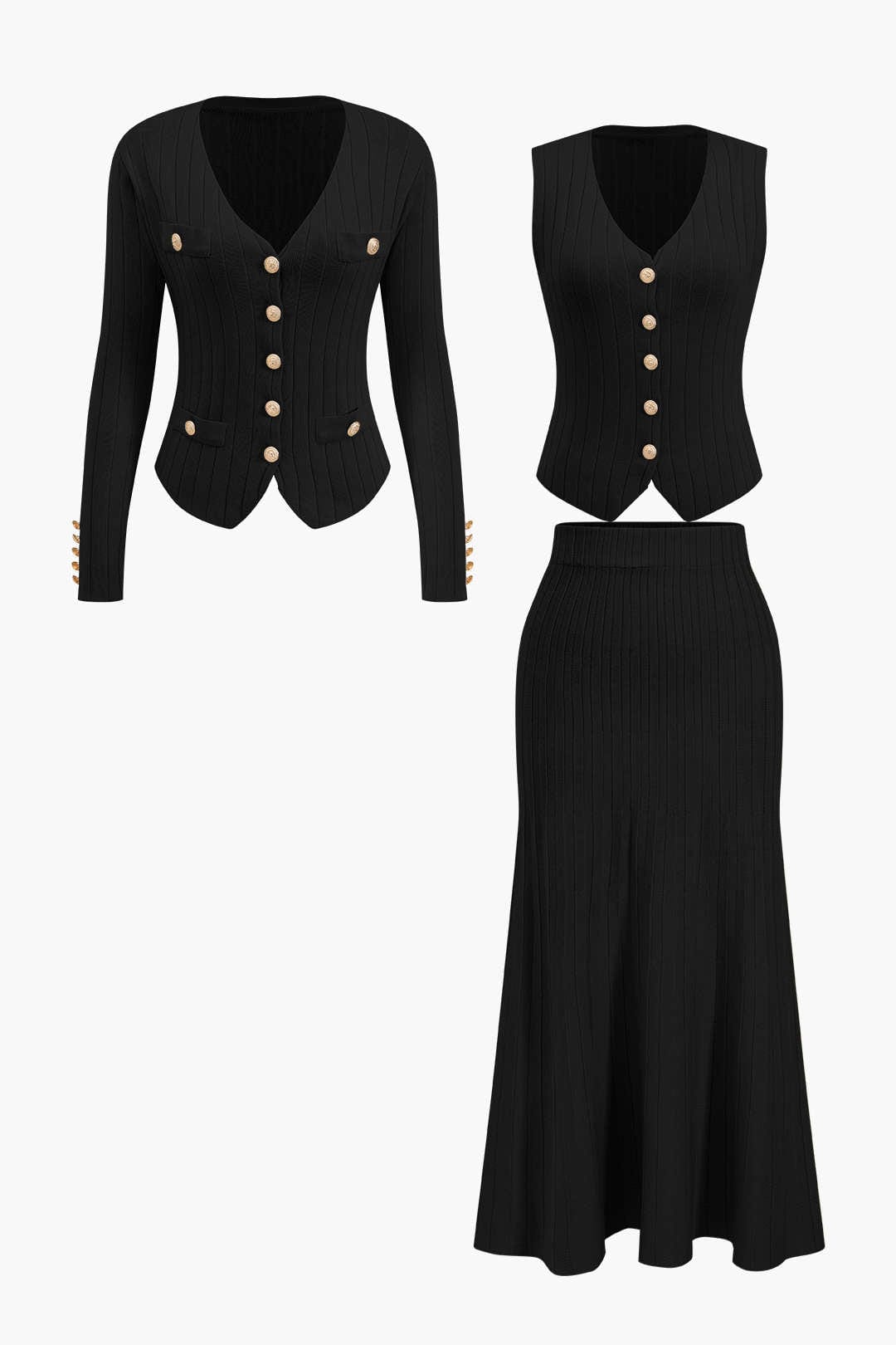 Damen Strick-Set Blazer Weste Midirock