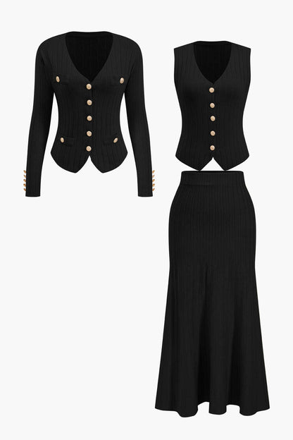 Damen Strick-Set Blazer Weste Midirock