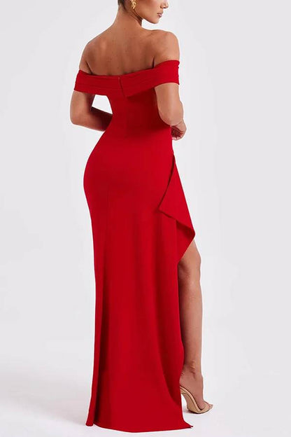 Damen Off Shoulder Maxi Kleid Hochgeschlitzt