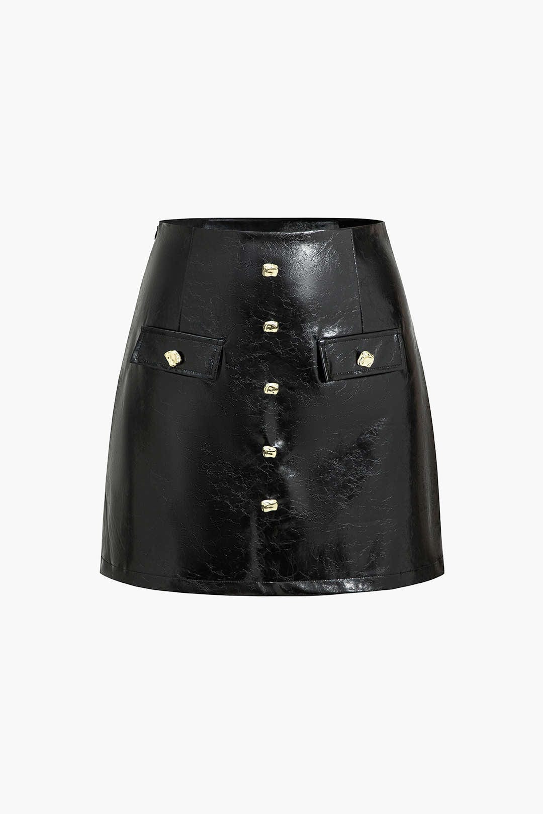 Callista Damen Minirock Lackleder Goldknöpfe Schwarz - Norvielle