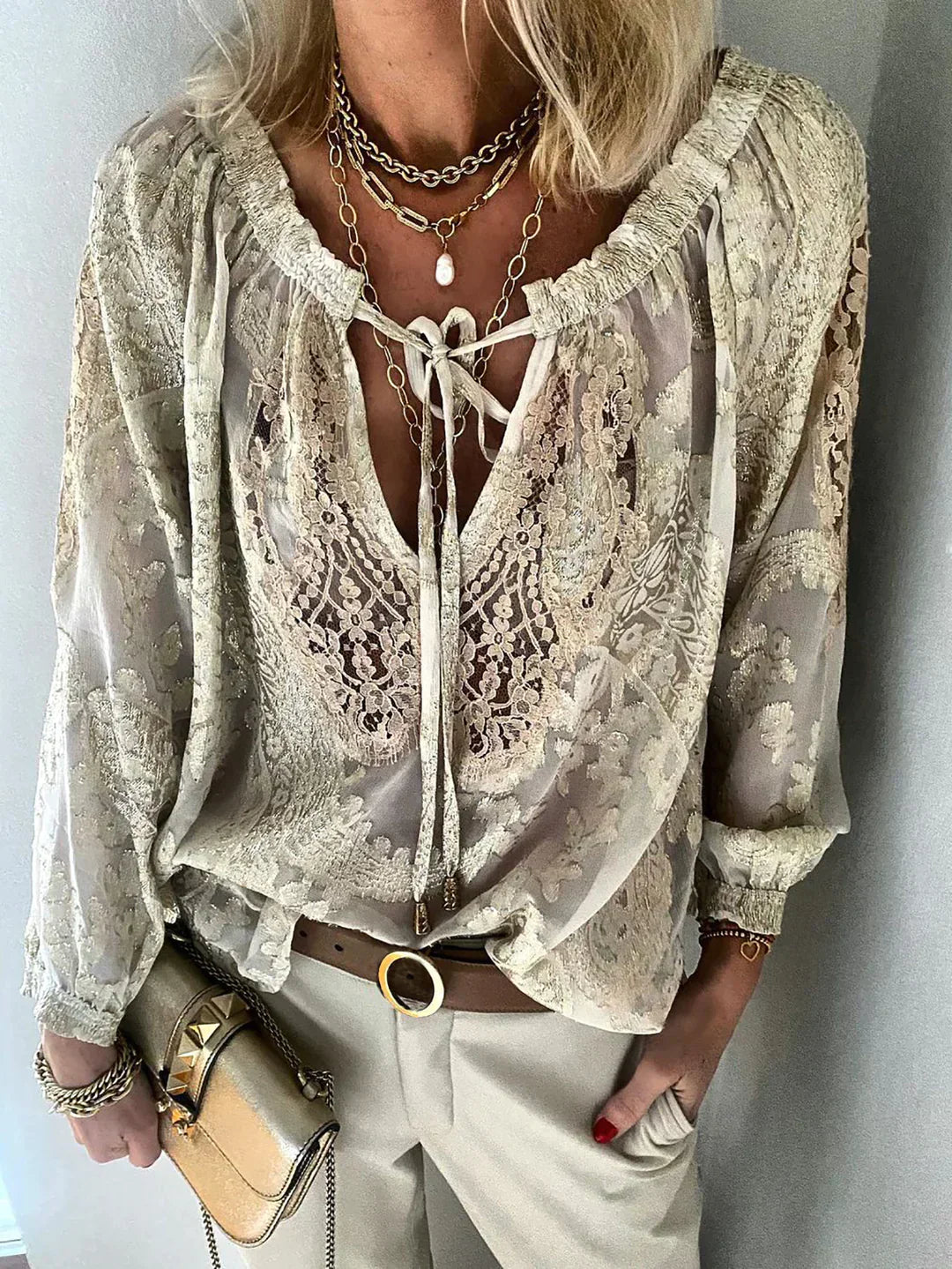 Damen Spitzenbluse V-Ausschnitt Chiffon Weiß