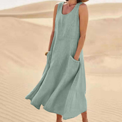 Norvielle Damen Ärmelloses Kleid Baumwolle Rundhalsausschnitt