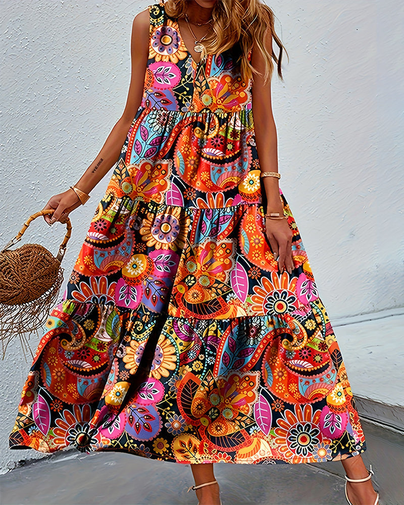 Ärmelloses Damenkleid Lang Print Lockeres Design