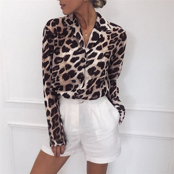 Damen Bluse Leopardenmuster Langer Ärmel Umschlagbarer Kragen