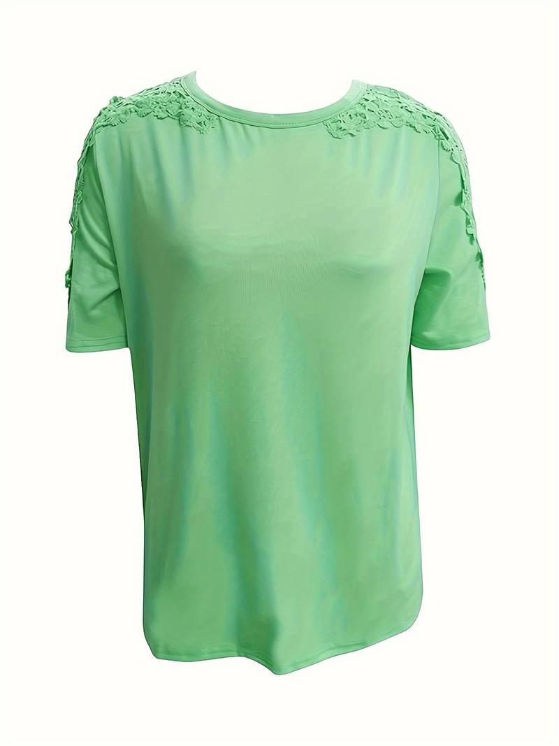Norvielle Damen Rundhals T-Shirt Einfarbig Spitzenähte