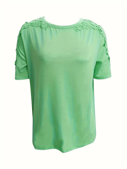 Norvielle Damen Rundhals T-Shirt Einfarbig Spitzenähte