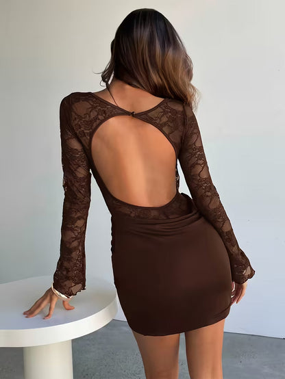 Spitze Mini-Kleid Damen Offener Rücken Lange Ärmel