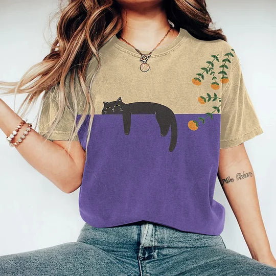 Damen Kreatives T-Shirt mit Katzen-Motiv Baumwolle
