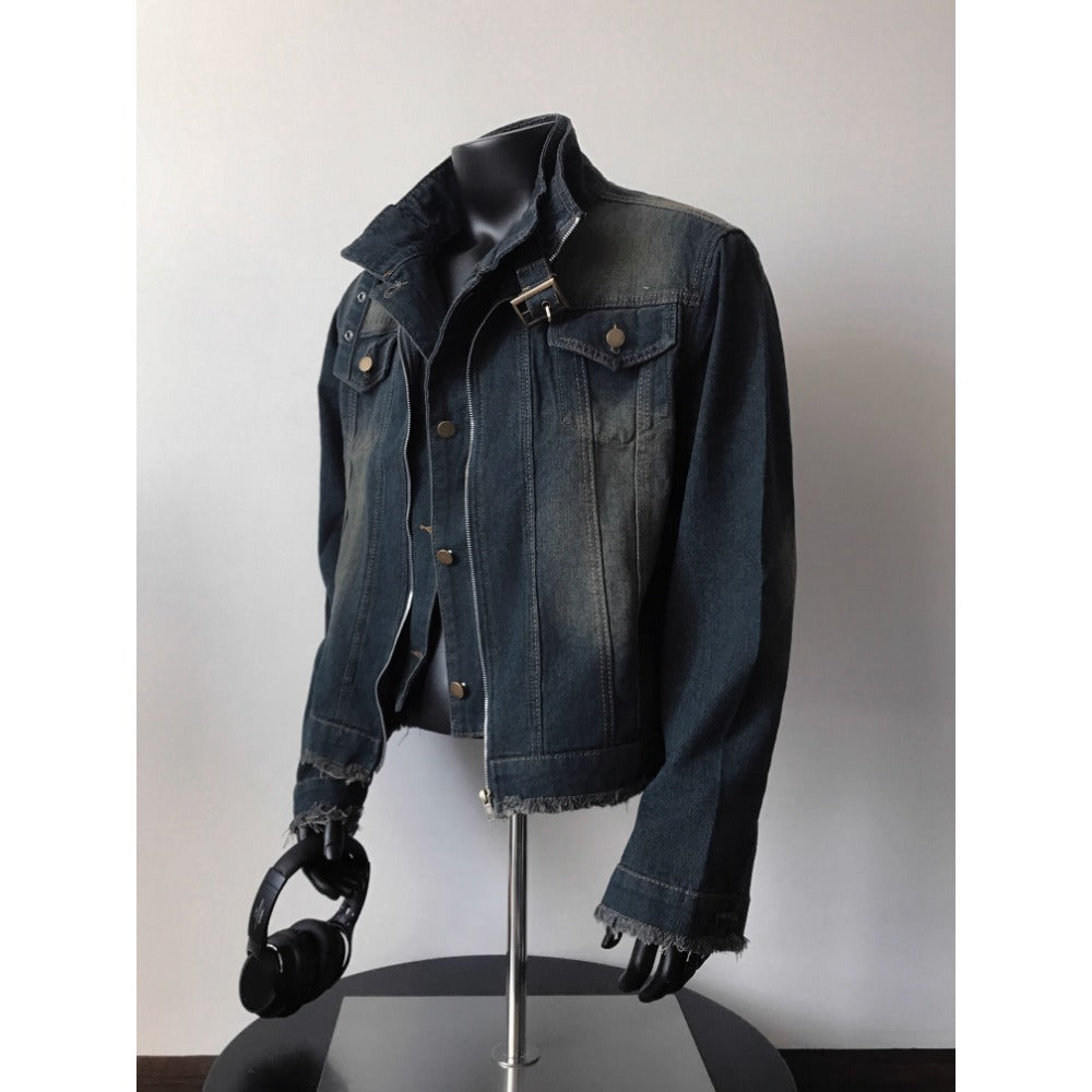 Dunkelblaue Jeansjacke Unisex Ausgefranster Saum