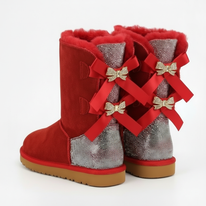 Damen Winterstiefel Wildleder Glitzer Schleifen
