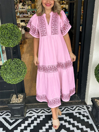 Damen Ibiza Style Midi Kleid V-Ausschnitt Weite Ärmel Lockere Passform