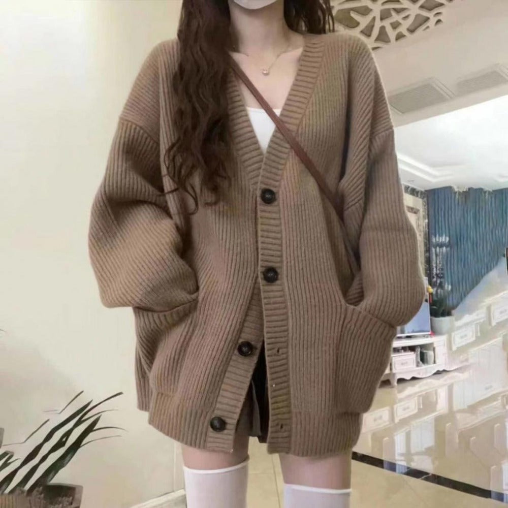 Damen Strick-Cardigan Knopfleiste Beige