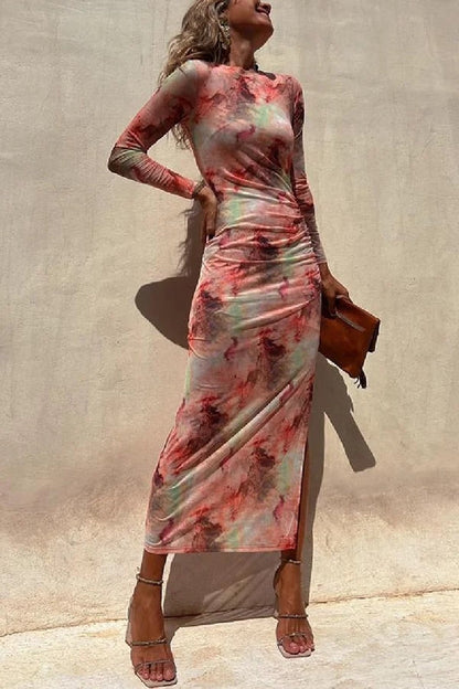 Damen Langarm Midi Kleid aus Stretch mit Rüsch und Mesh-Überzug,