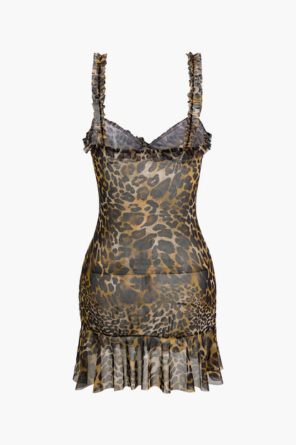 Leopard Mini-Kleid Damen Rüschen Animal-Print