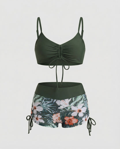 Damen Bikini 2-teilig Grün Blumenmuster Hohe Taille