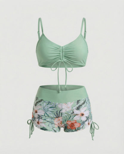 Damen Bikini 2-teilig Grün Blumenmuster Hohe Taille