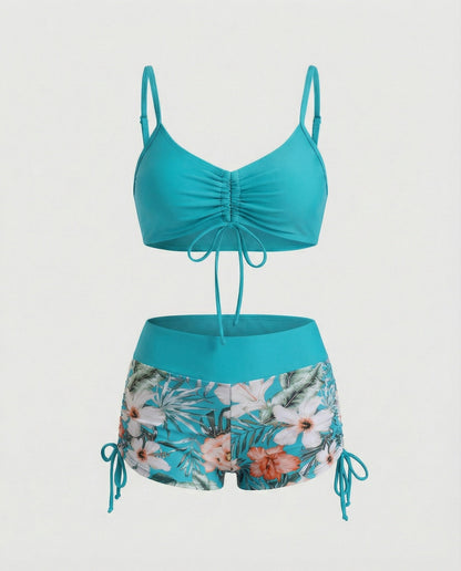 Damen Bikini 2-teilig Grün Blumenmuster Hohe Taille