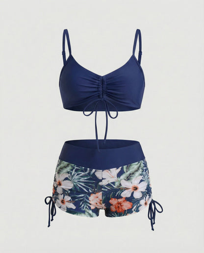 Damen Bikini 2-teilig Grün Blumenmuster Hohe Taille