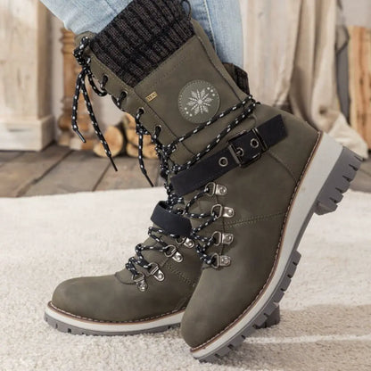 Damen Winterstiefel Leder Schnürverschluss Rutschfeste Sohle