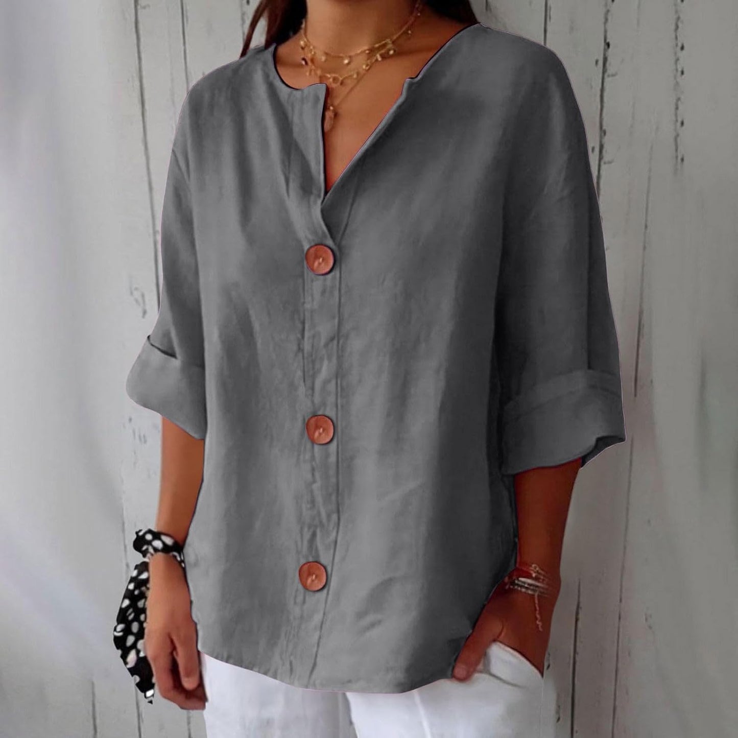 Damen Leinenbluse Lässig Beige