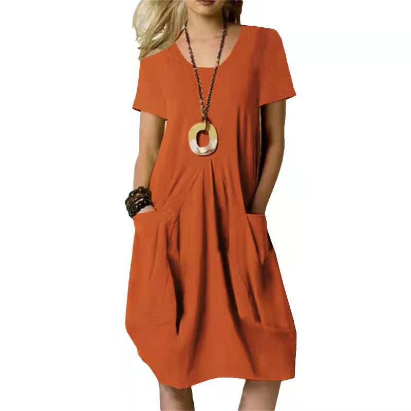 Damen Midikleid Kurzärmelig Mit Taschen