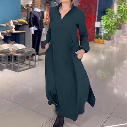 Damen Kleid Lang Gerafftes Kleid Mit Gerader Linie