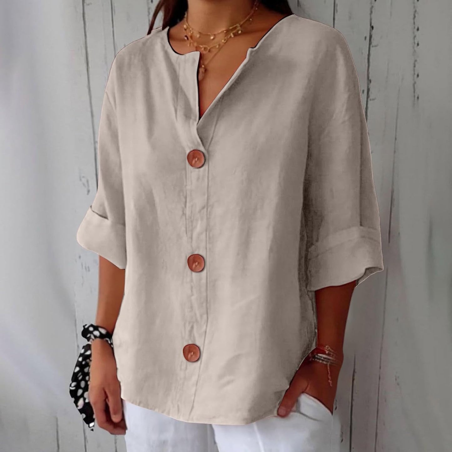 Damen Leinenbluse Lässig Beige - Norvielle