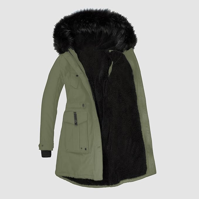 Damen Winterjacke Lang Kunstfellbesatz