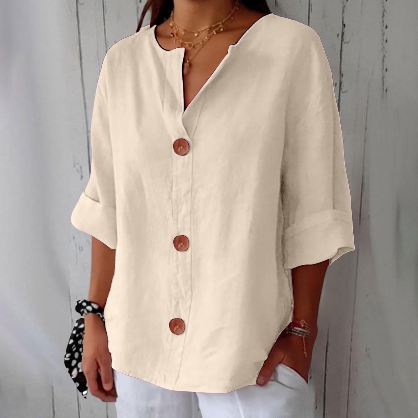 Damen Leinenbluse Lässig Beige