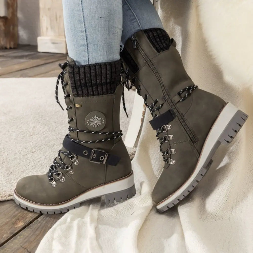 Damen Winterstiefel Leder Schnürverschluss Rutschfeste Sohle