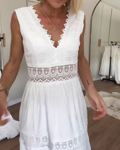 Damen Midi Sommerkleid Spitze V-Ausschnitt Luftig
