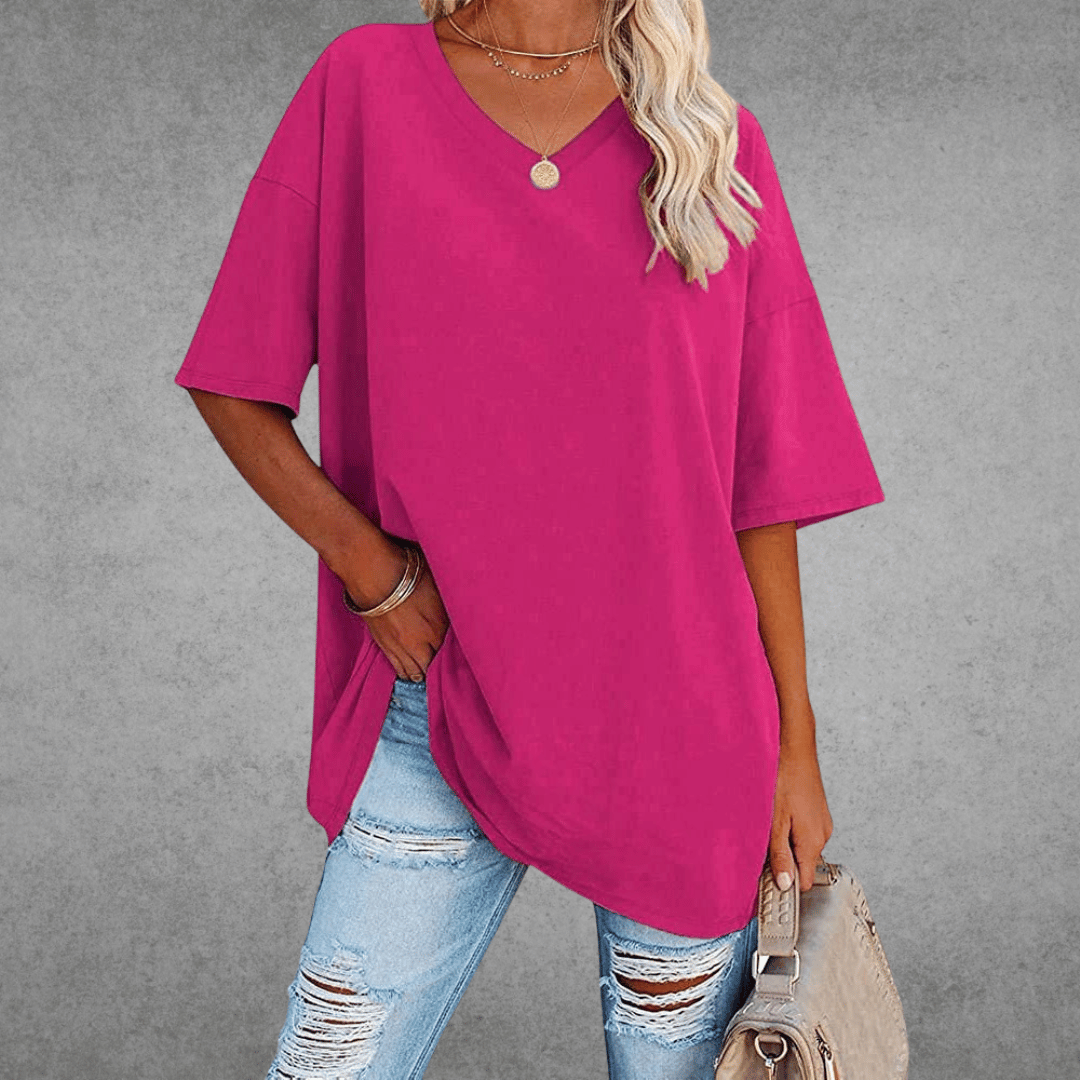 Damen T-Shirt V-Ausschnitt Einfarbig Übergroß