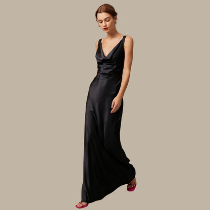 Norvielle Damen Maxikleid Satin Drapiert Schwarz - Norvielle