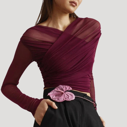Damen Wickel-Oberteil Langarm Transparent