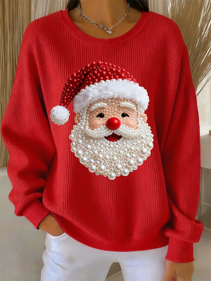 Weihnachtspullover Damen Funkelnder Weihnachtsmann Rot - Norvielle