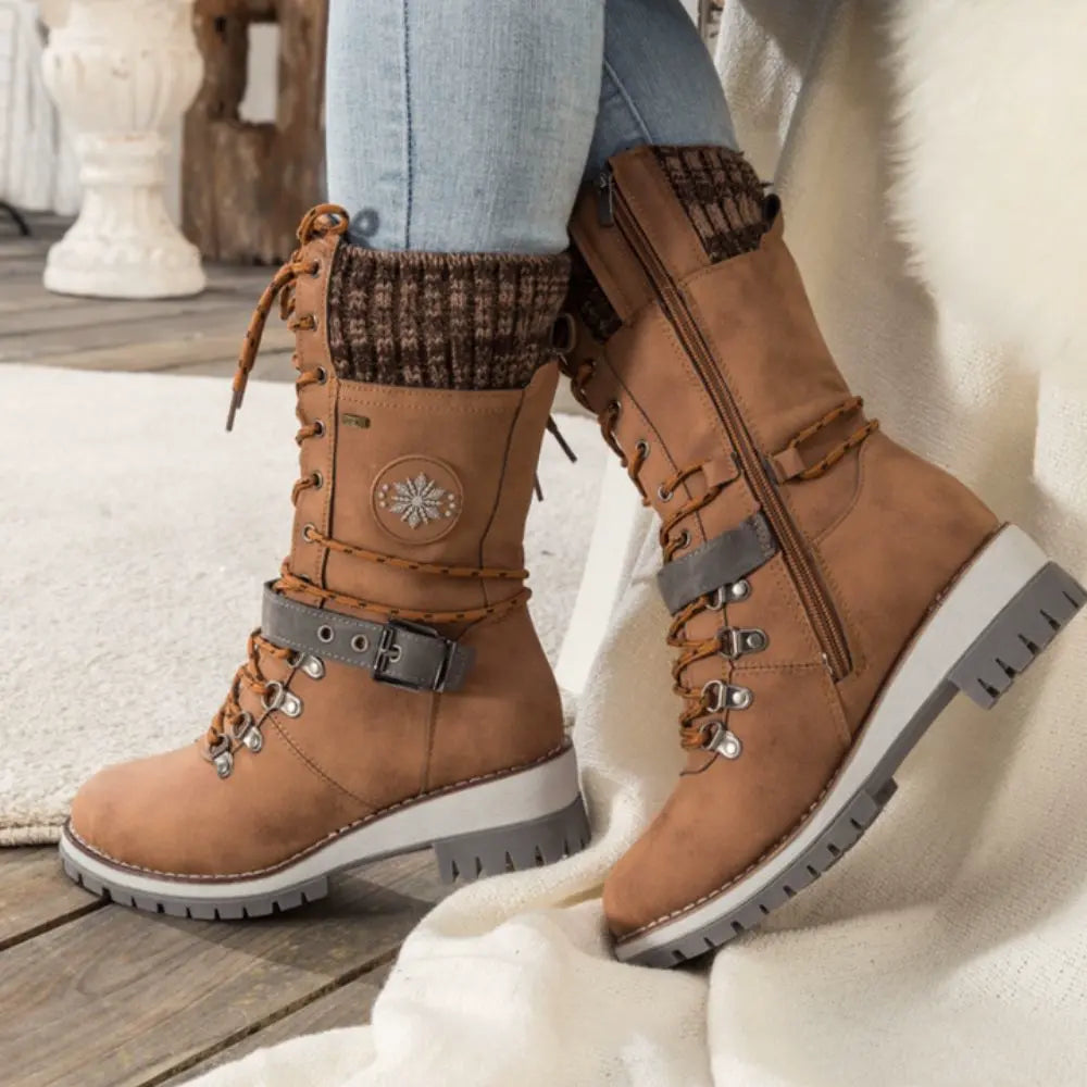Damen Winterstiefel Leder Schnürverschluss Rutschfeste Sohle