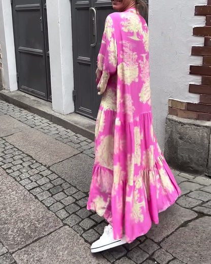Damen Maxi-Kleid mit Blumenprint Volantärmeln Stehkragen Leicht