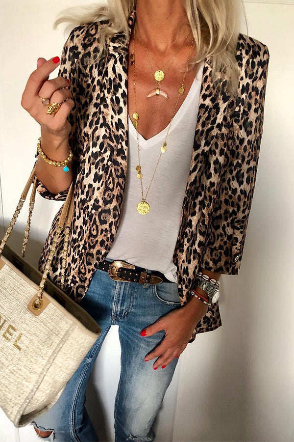Norvielle Damen Leichtgewicht Blazer Leopard Muster