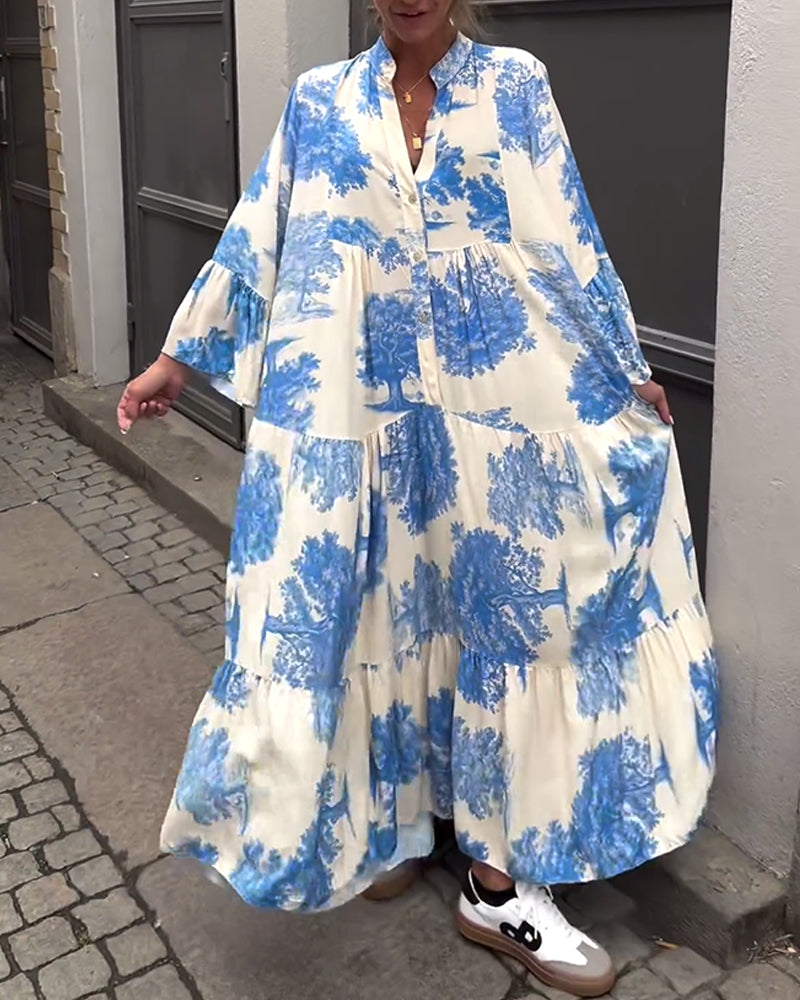 Damen Maxi-Kleid mit Blumenprint Volantärmeln Stehkragen Leicht