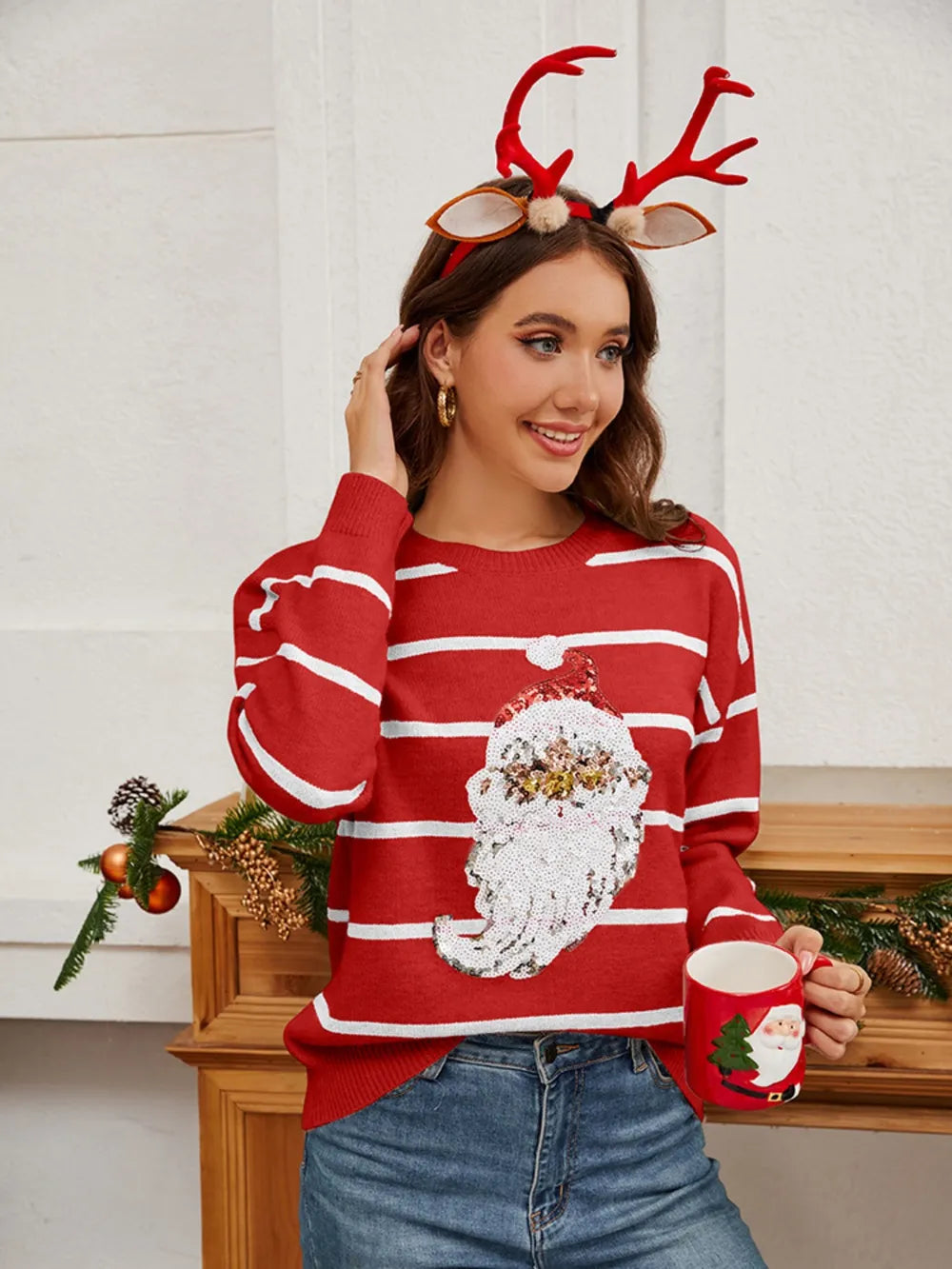 Weihnachtspullover Damen Pailletten Santa Grün Rot