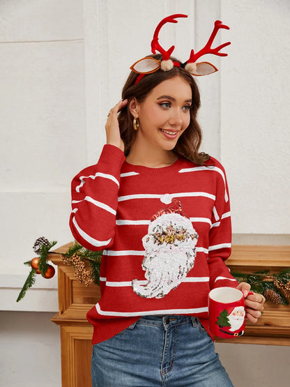 Weihnachtspullover Damen Pailletten Santa Grün Rot
