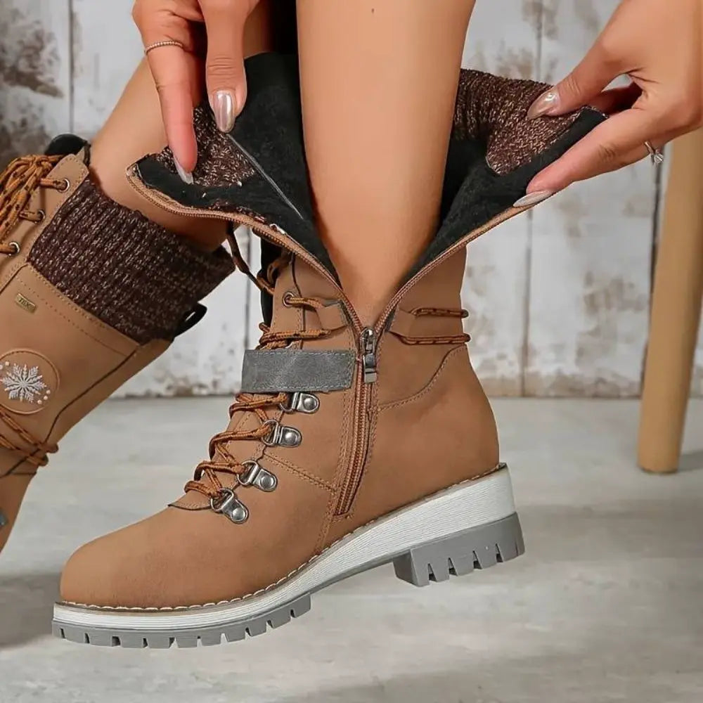 Damen Winterstiefel Leder Schnürverschluss Rutschfeste Sohle Schwarz - Norvielle