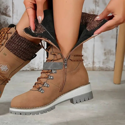Damen Winterstiefel Leder Schnürverschluss Rutschfeste Sohle Schwarz - Norvielle
