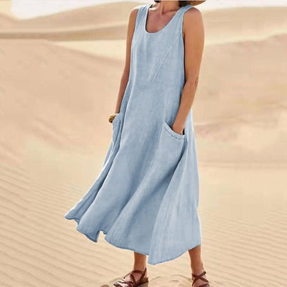 Norvielle Damen Ärmelloses Kleid Baumwolle Rundhalsausschnitt