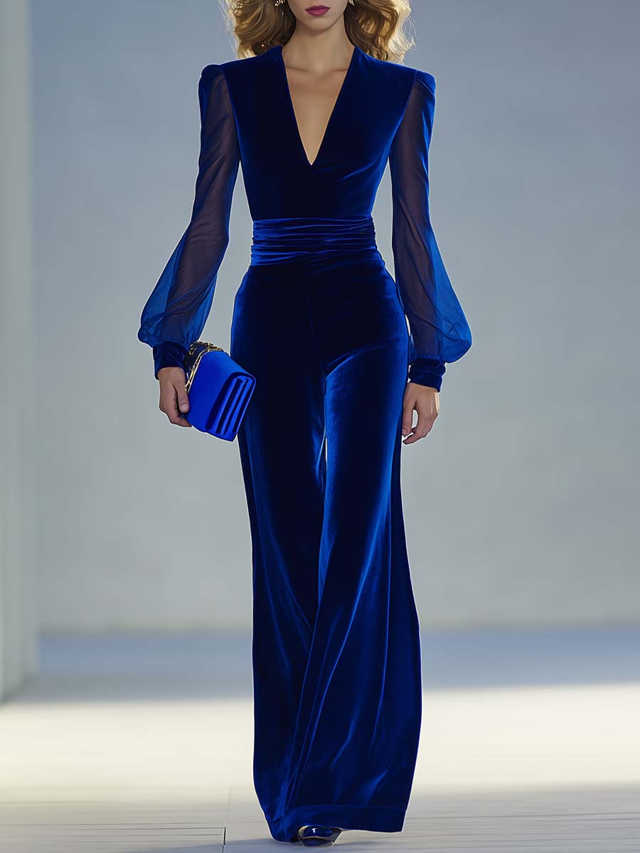 Damen Samt-Jumpsuit V-Ausschnitt Schwarz Eleganz - Norvielle