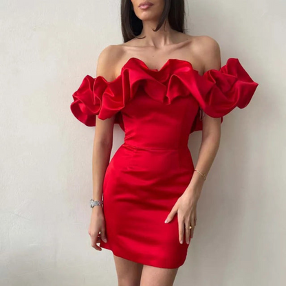 Damen Rüschenkleid Mini Hochzeitsgastkleid