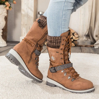 Damen Winterstiefel Leder Schnürverschluss Rutschfeste Sohle