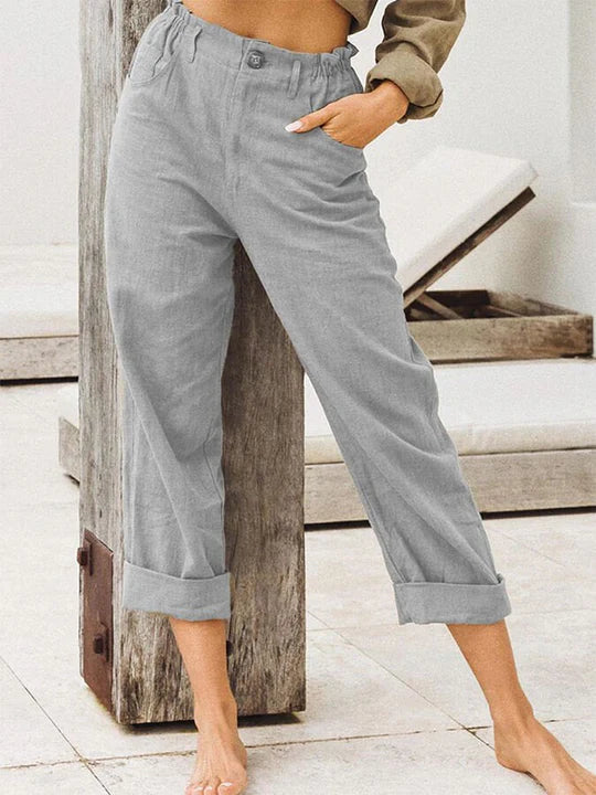 Damen High-Waist Leinenhose Mit Aufschlag Beige